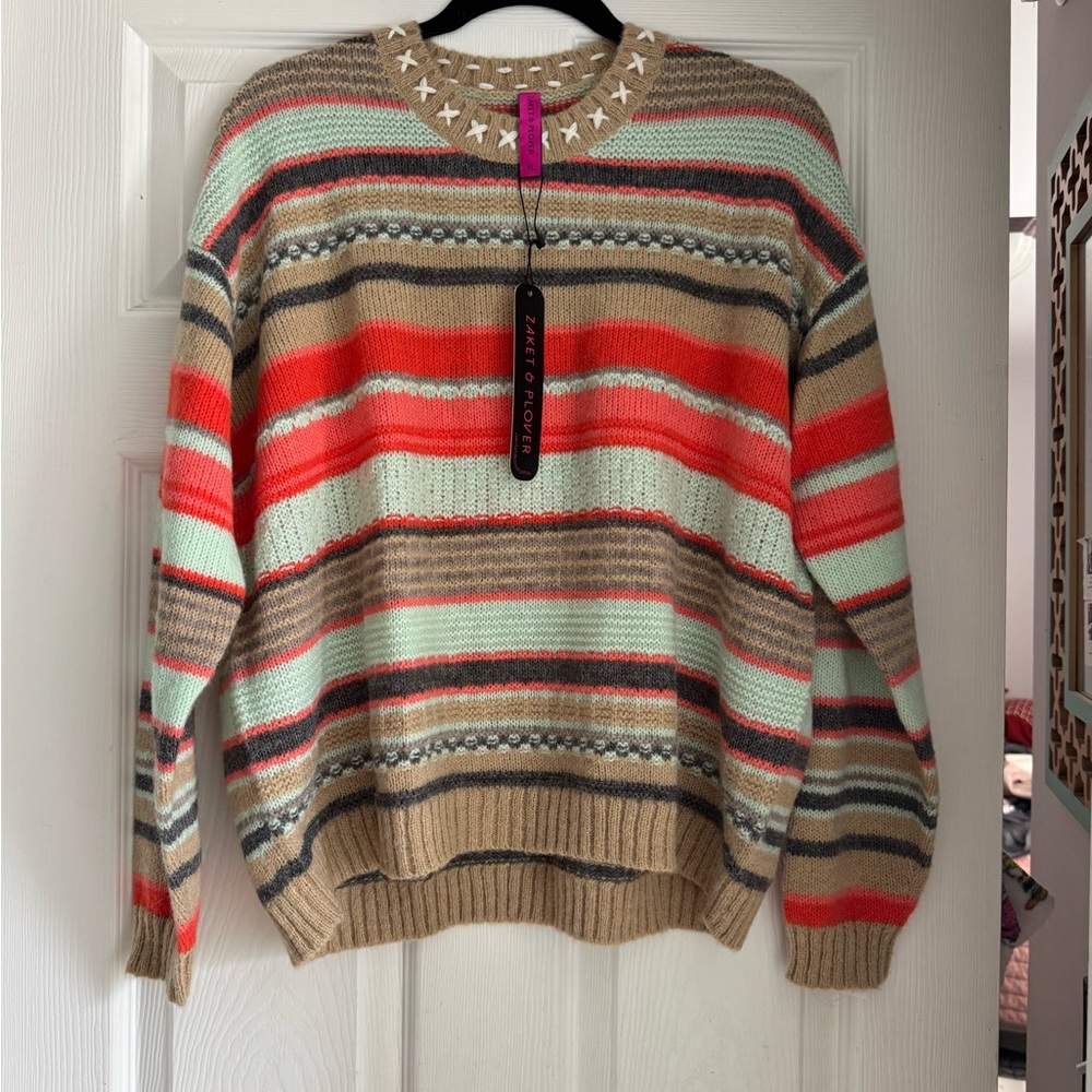 Zaket & Plover hand embroidered Colorful Striped Sweater NWT